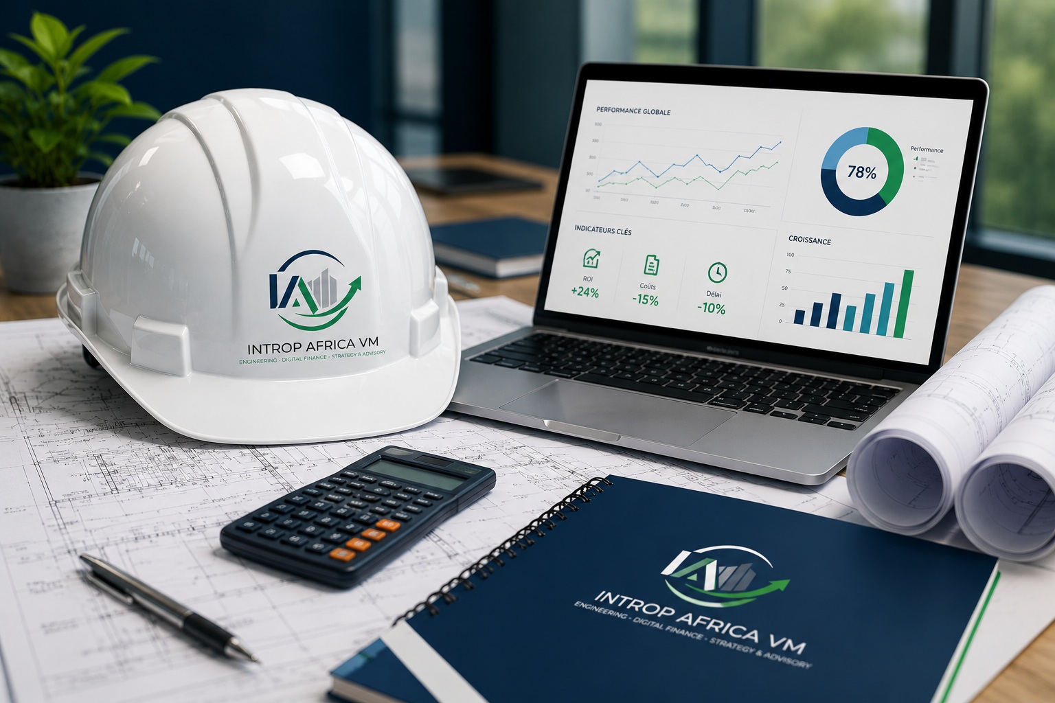 Expertise technique solide — casque de chantier, plans et tableau de bord INTROP AFRICA VM